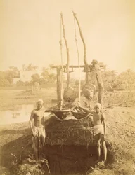 Uma máquina de irrigação egípcia nas margens do Nilo (foto sépia)